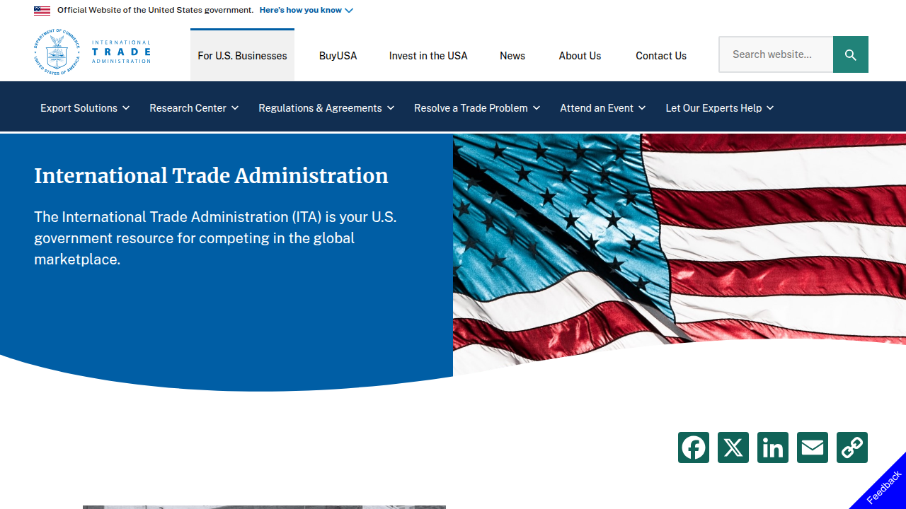 The homepage of the International Trade Administration, a U.S. government agency offering resources on international trade and e-commerce.